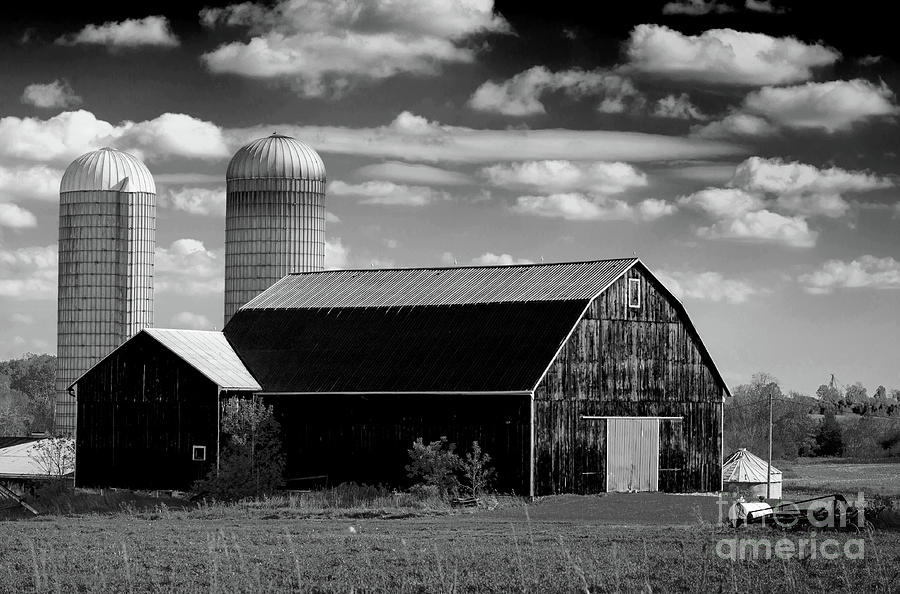 Barn and Silos in Black and White Photograph by Les Palenik