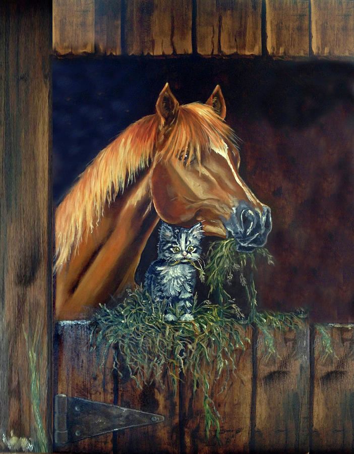 Animal Painting - Barn Buddies Kitten And Horse by Eileen Herb-witte