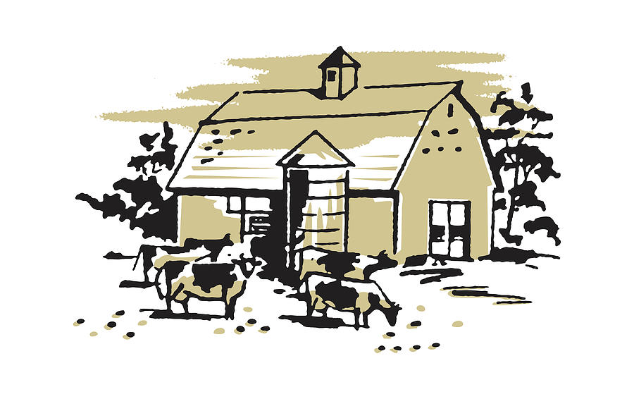 Vintage Drawing - Barn with Grazing Cows on Lawn by CSA Images
