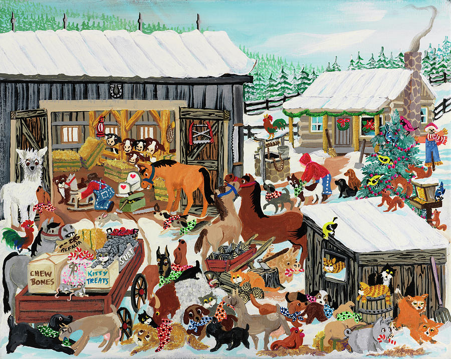 Animal Painting - Barnyard Christmas Party by Carol Salas