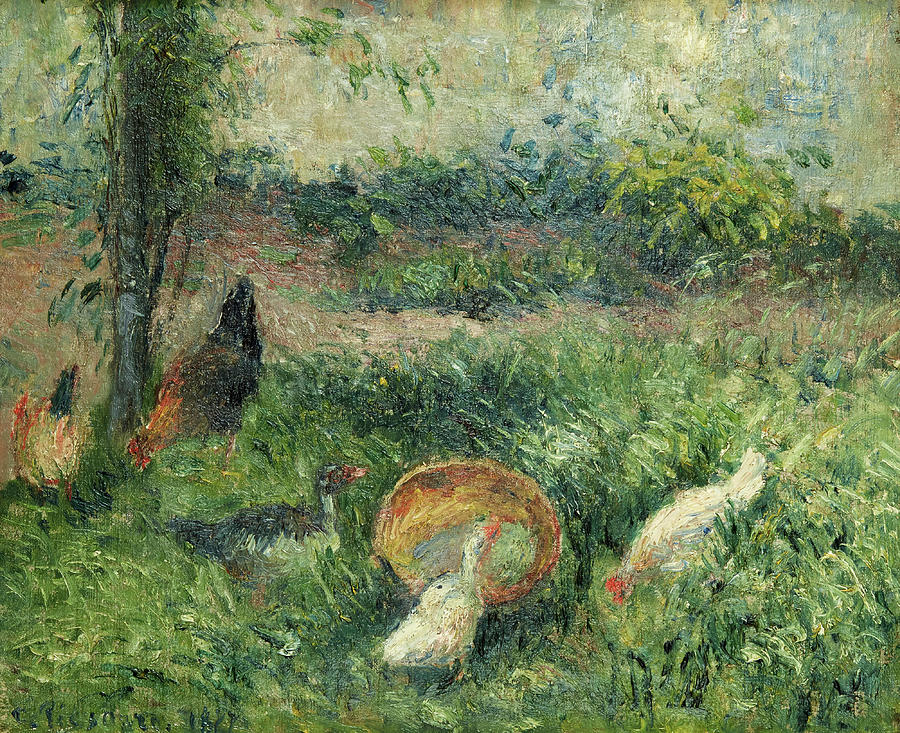 Camille Pissarro Painting - Barnyard with hens and ducks by Camille Pissarro
