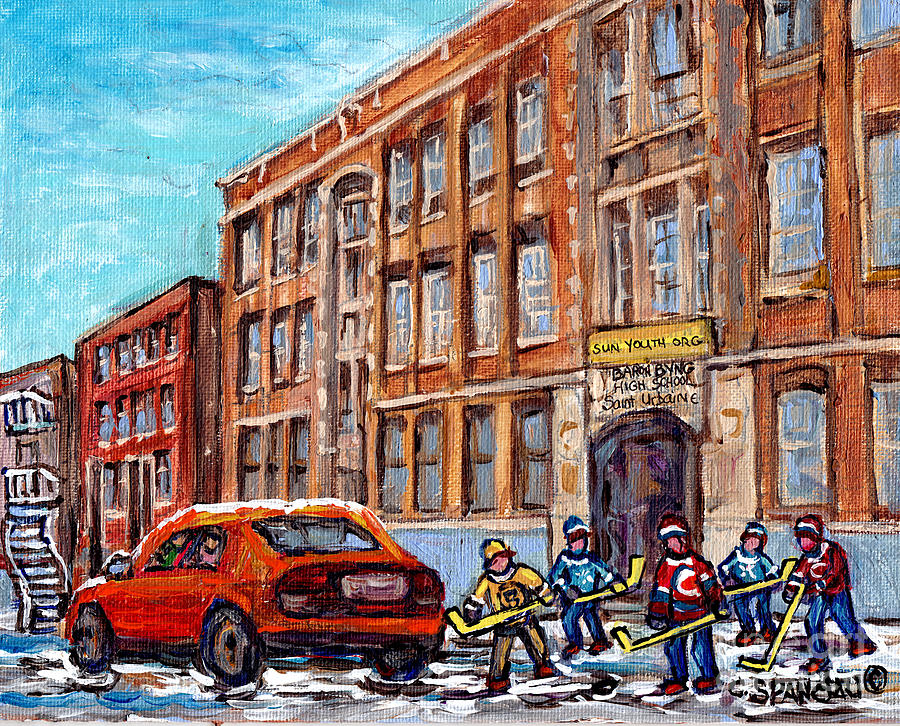 City Scene Painting - Baron Byng High School Winter Street Scene Paintings Montreal Hockey Art C Spandau Canadian Artist   by Carole Spandau