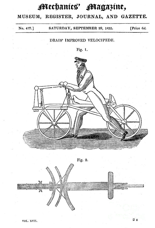 Baron Von Draiss Bicycle Draisienne Drawing by Print Collector Baron Von Draiss Bicycle Draisienne Drawing by Print Collector