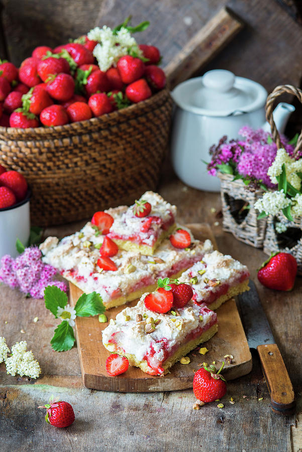 Bars With Strawberries, Coconut Meringue And Pistachios Photograph by Irina Meliukh