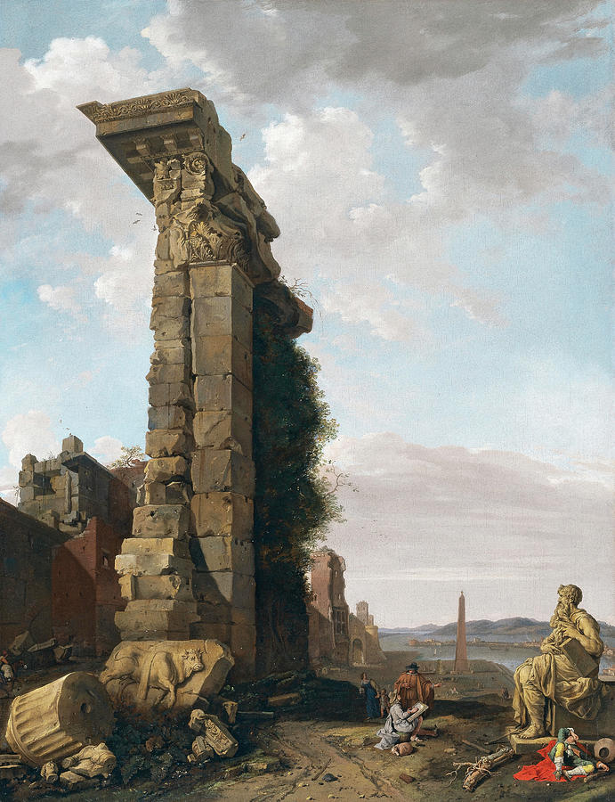 Oil Painting - Bartholomeus Breenbergh -Deventer, 1598-Amsterdam, 1657-. Capriccio with Roman Ruins, Sculptures ... by Bartholomeus Breenbergh -1598-1657-