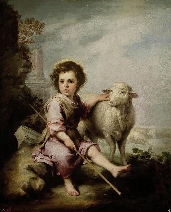 Bartolome Esteban Murillo / The Good Shepherd, ca. 1660, Spanish School. Painting by Bartolome Esteban Murillo -1611-1682-
