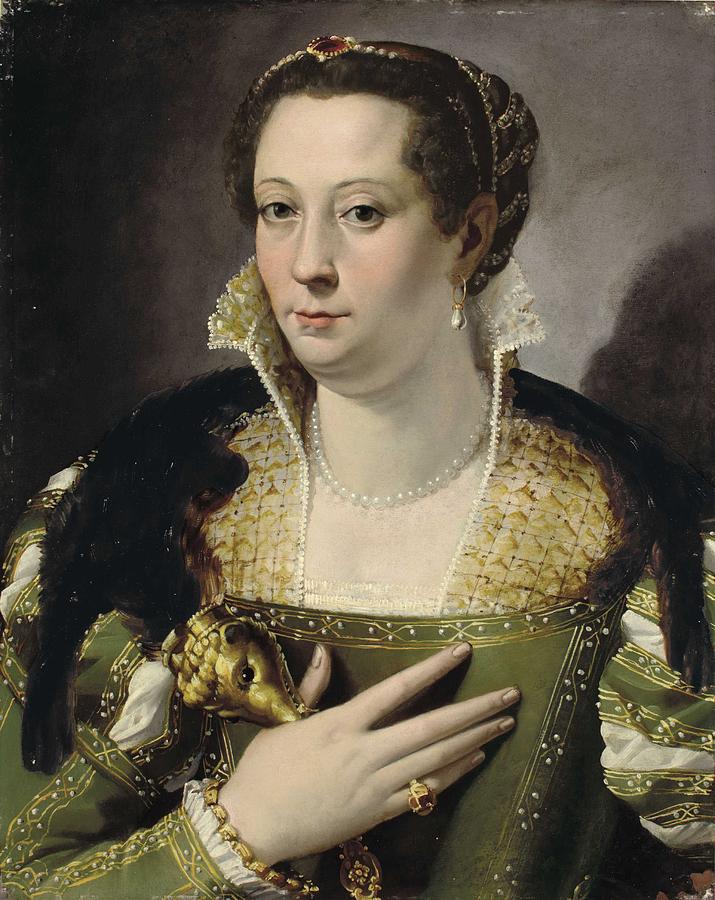 Bartolomeo Passarotti Bologna 1529-1592 Portrait of a lady in a green dress  and sable fur stole by Celestial Images