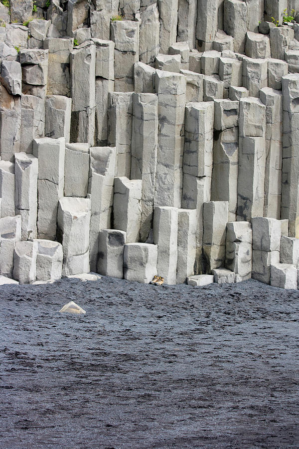 Basalt Columns On The Beach With Parked Hiking Boots, Vik I Myrdal, South Iceland, Iceland, Europe Photograph by Sonia Aumiller