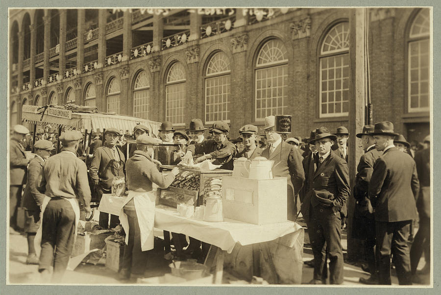 Baseball fans--Hot dogs for fans waiting for gates to open at Ebbets Field, Oct. 6, 1920 Painting by Unknown Baseball fans--Hot dogs for fans waiting for gates to open at Ebbets Field, Oct. 6, 1920 Painting by Unknown