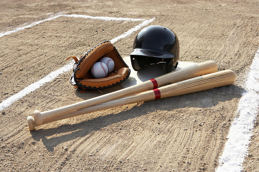 baseball glove and ball and bat
