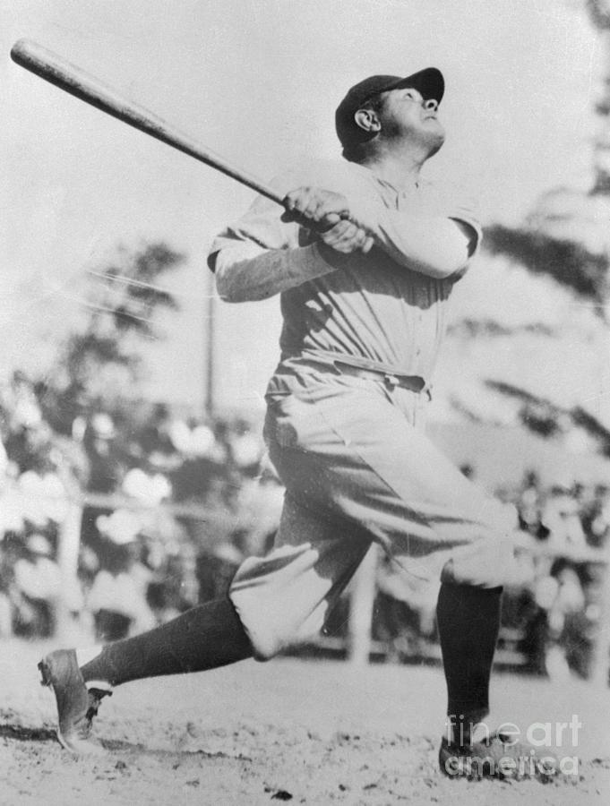 Baseball Player Babe Ruth Hits Home Run by Bettmann