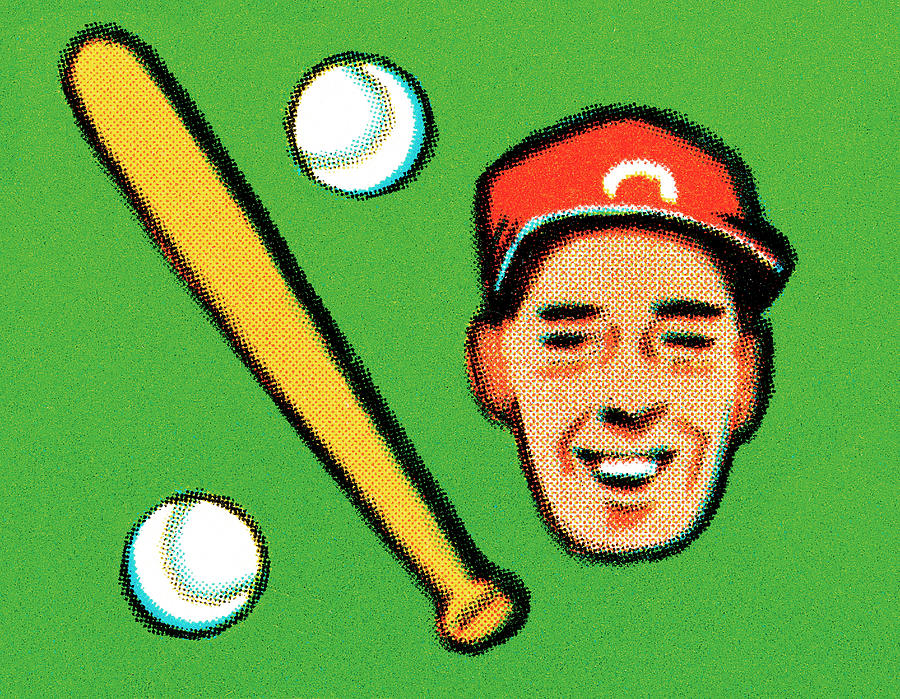 Baseball Drawing - Baseball player, bat, and balls by CSA Images