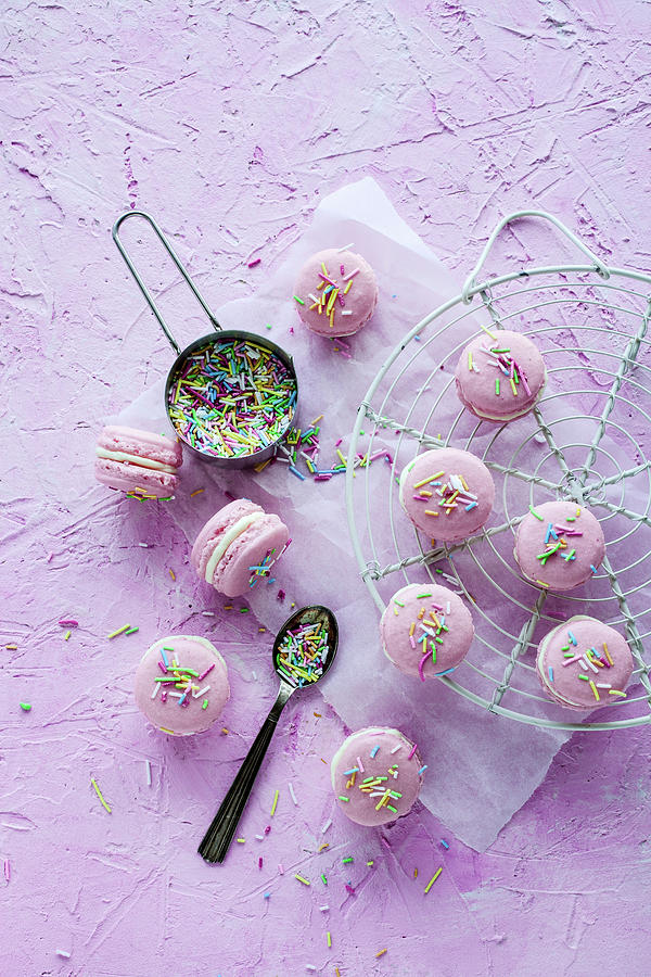 Basic Macarons Colored In Pink And Decorated With Sprinkles Photograph by Kati Finell