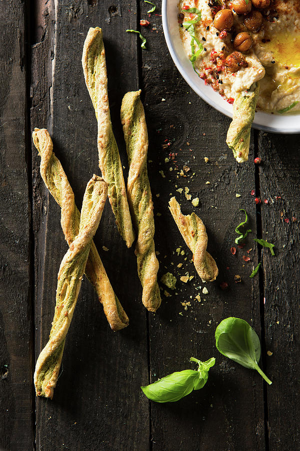 Basil And Parmesan Breadsticks With Hummus Dip Photograph by Stacy Grant