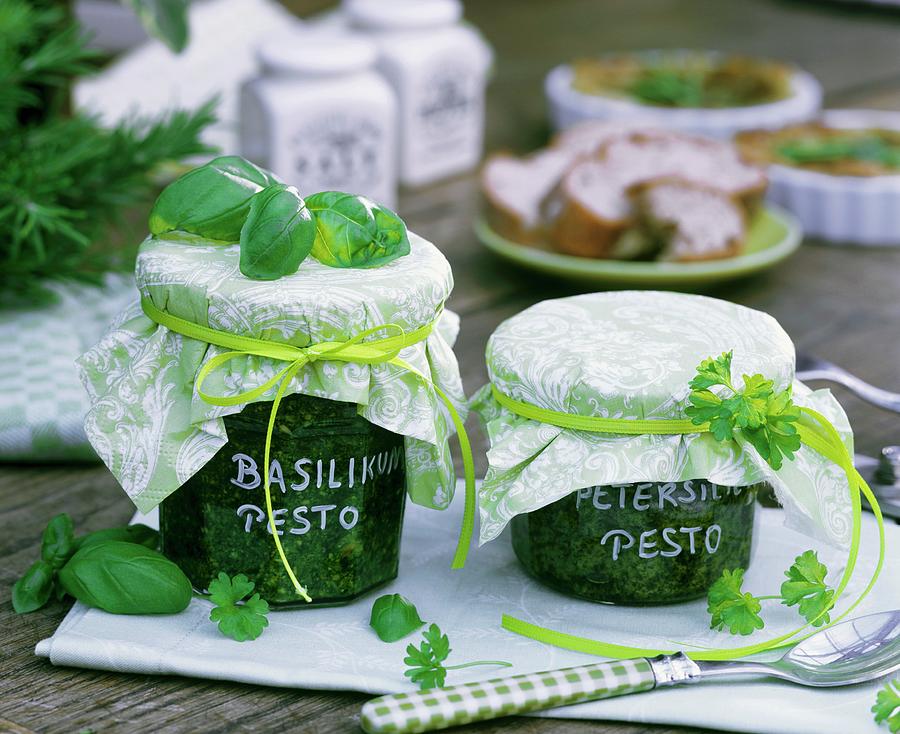 Basil- And Parsley Pesto In Jars Photograph by Strauss, Friedrich