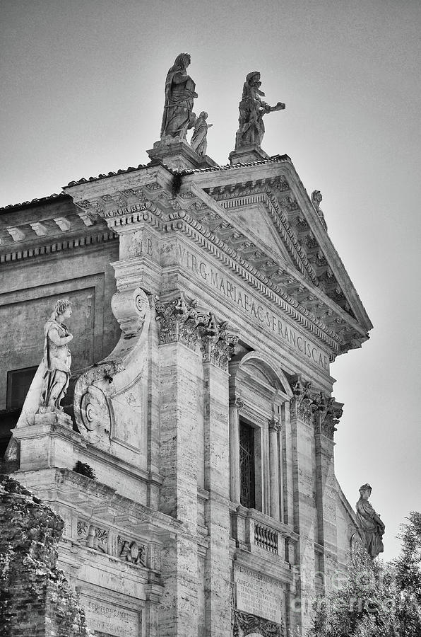 Basilica Di Santa Francesca Romana Facade Statues Roman Forum Rome Italy Black and White Photograph by Shawn OBrien