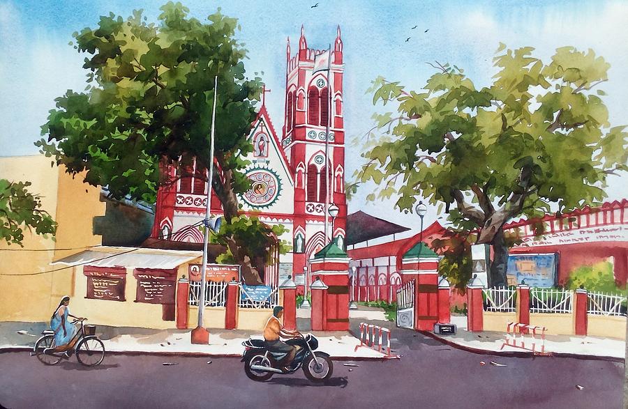 Basilica Of The Sacred Heart Of Jesus, Pondicherry Painting By Gayathry Muthuraman