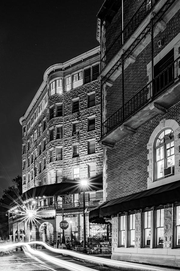 Black And White Photograph - Basin Park Hotel in Downtown Eureka Springs Arkansas - Monochrome by Gregory Ballos