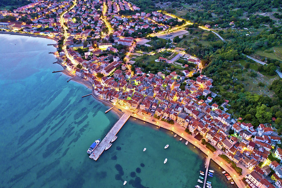Baska. Aerial evening view of town of Baska coast and harbor. Photograph by Brch Photography