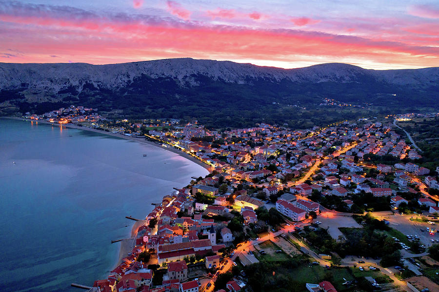 Baska. Aerial sunset burning sky view of town of Baska Photograph by Brch Photography