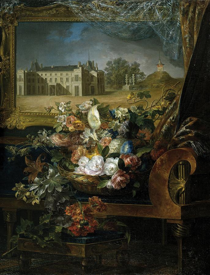 Still Life Painting - Basket of Flowers and View of a Palace, 1844, Spanish School, Oil on canvas, 120... by Jose Miguel Parra -1780-1846-