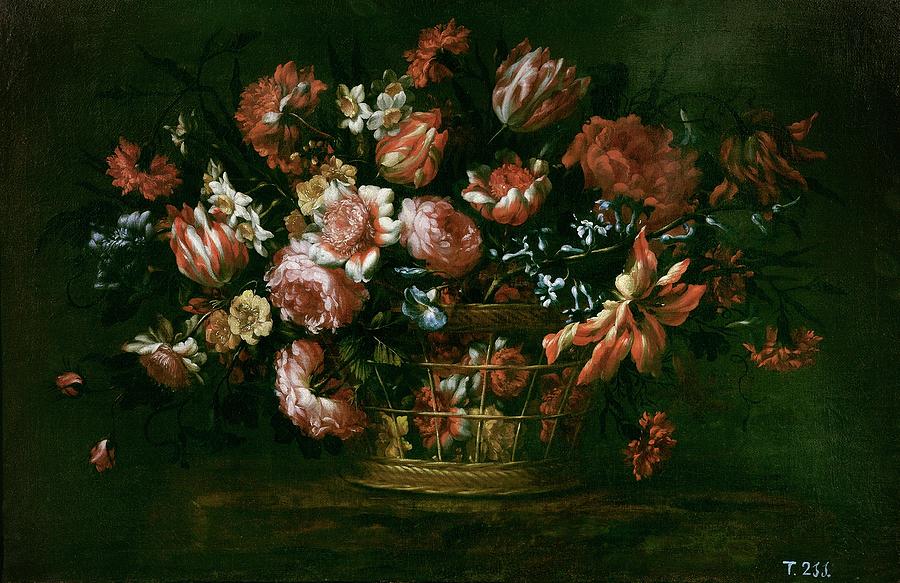 Basket of Flowers, Second half 17th century, Spanish School, Oil on canvas, 5... Painting by Bartolome Perez -1634-1693-