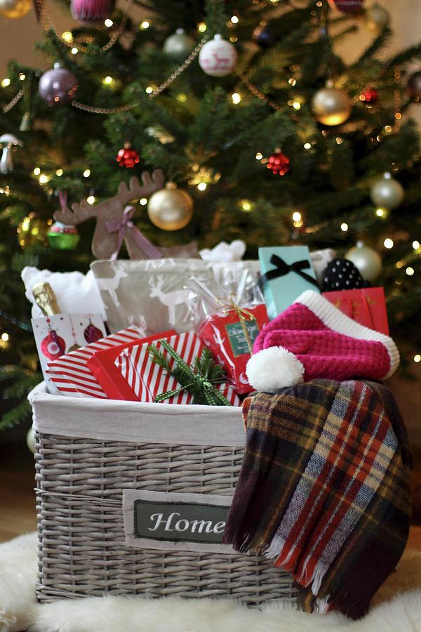 Basket Of Presents In Front Of Christmas Tree Photograph by Sylvia E.k Photography