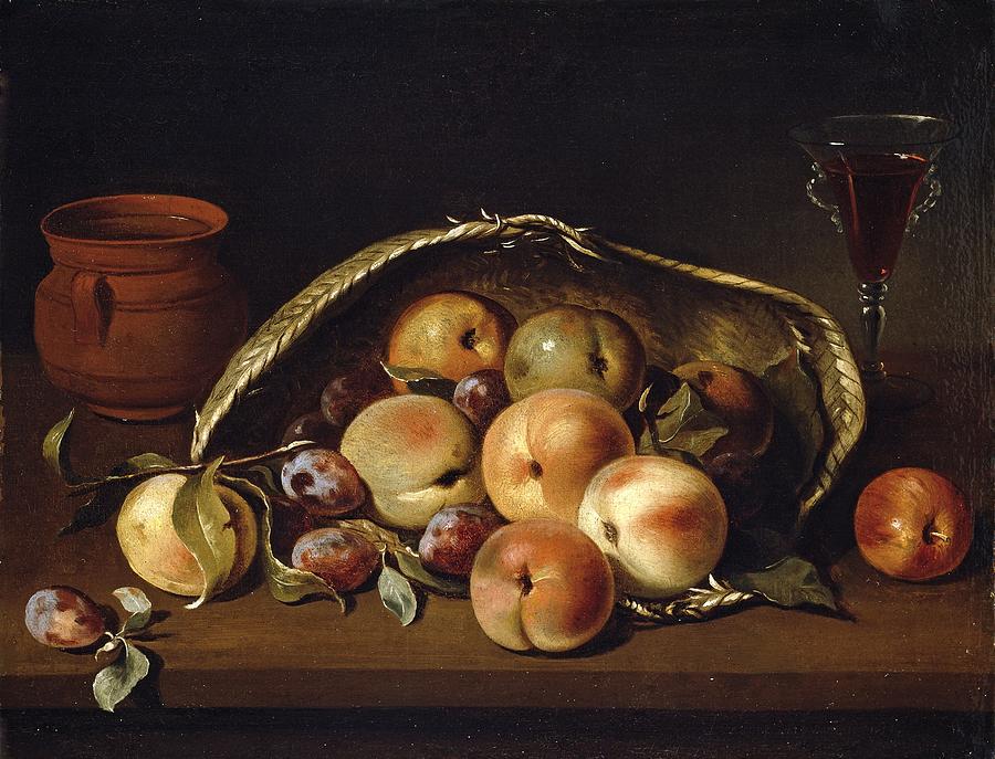 Basket with Peaches and Plums, 1654, Spanish School, Oil on canvas, 36 cm x 4... Painting by Pedro de Camprobin -1605-1674-
