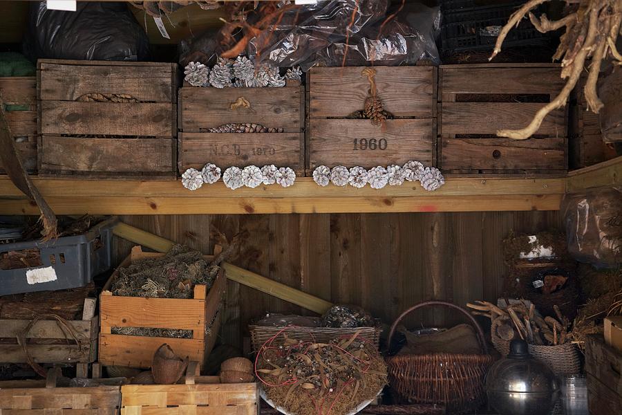 Baskets And Old Wooden Boxes Filled With Pine Cones On A Shelf In A Storage Shed Photograph by Charlotte Murphy