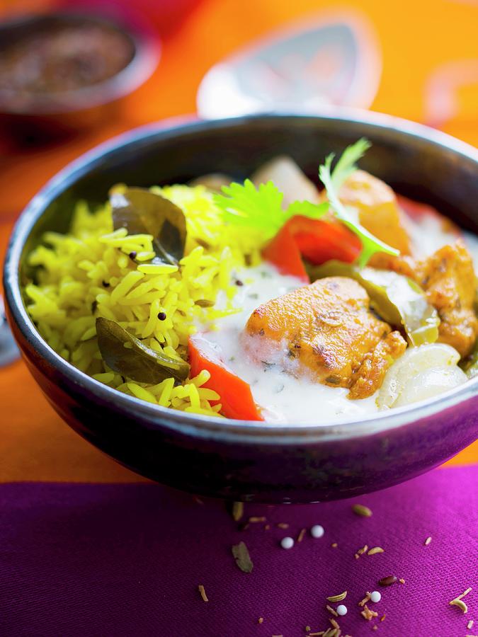 Basmati Rice, Chicken Marinated With Herbs And Peppers, Spicy Yoghurt Sauce Photograph by Roulier-turiot
