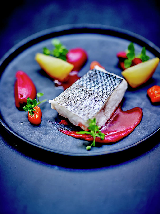 Bass Fillet,bitter Beetroot Puree,yellow Beetroot Quarters And Pepper Quenelles Photograph by Amiel
