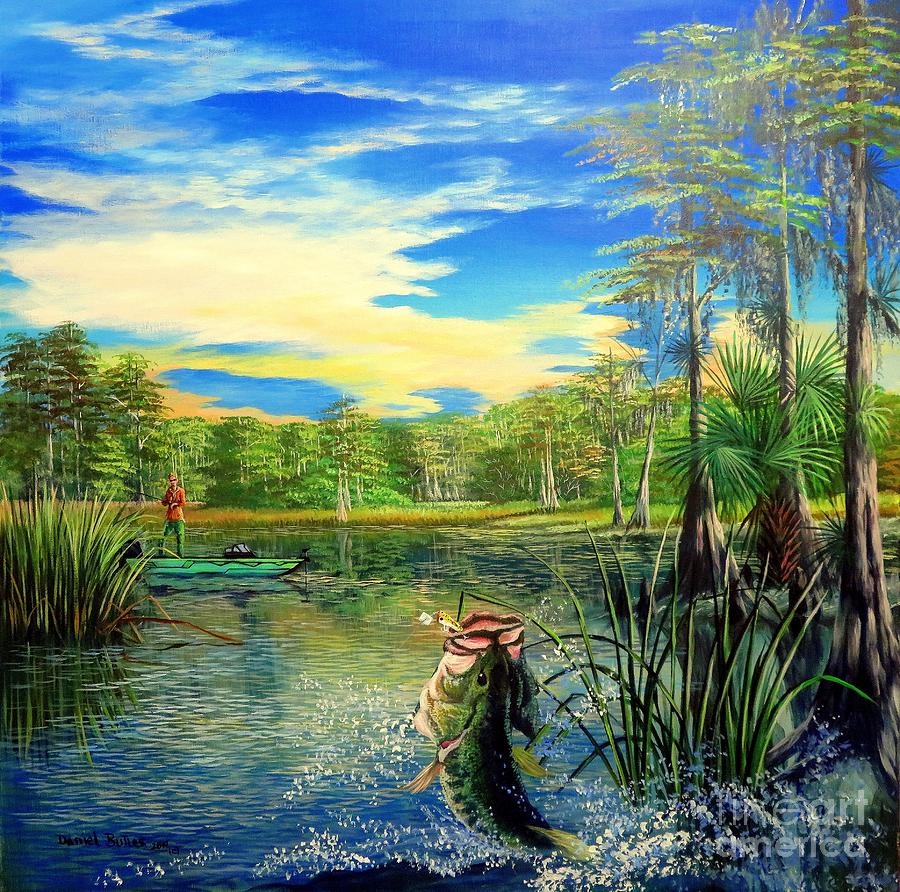 Bass Fishing Florida- Last Light explosion Painting by Daniel