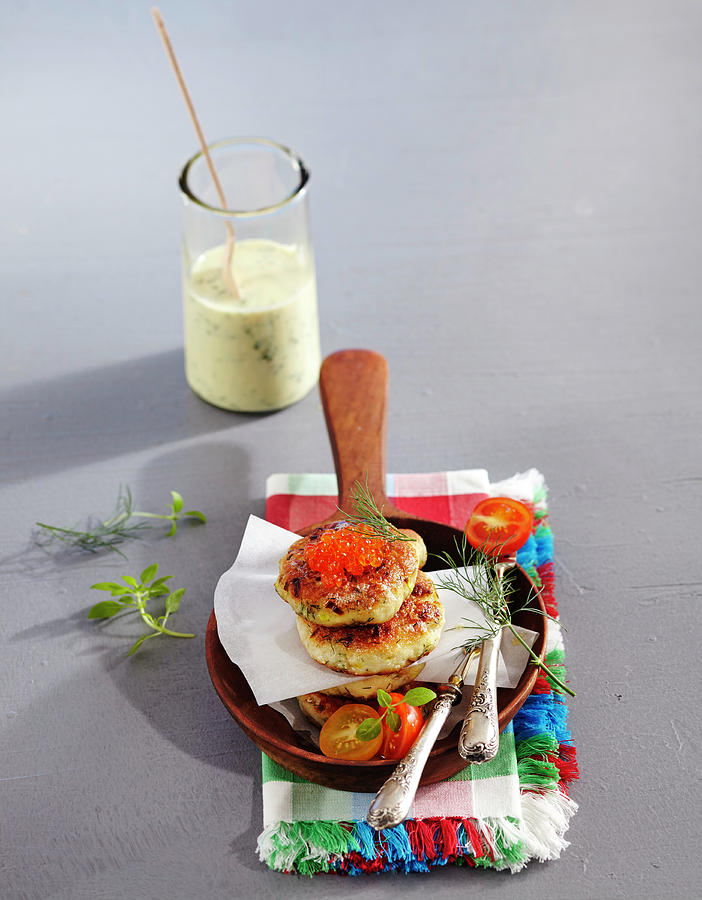 Bass Fritters With A Mustard And Dill Sauce And Trout Caviar Photograph by Teubner Foodfoto