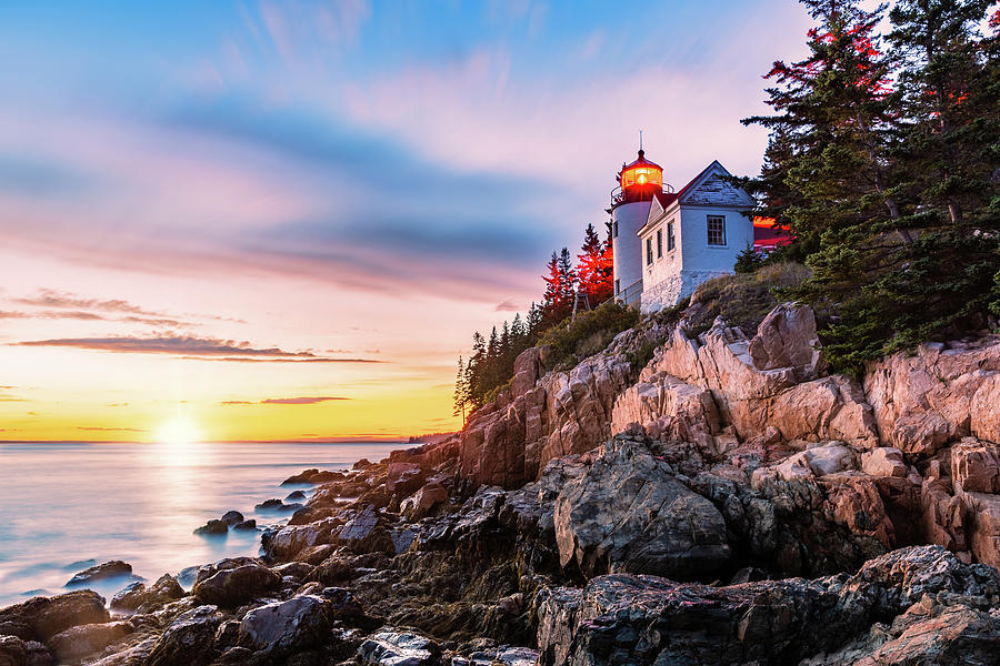 Bass Harbor Head lighthouse at sunset, in Maine Photograph by Mihai Andritoiu