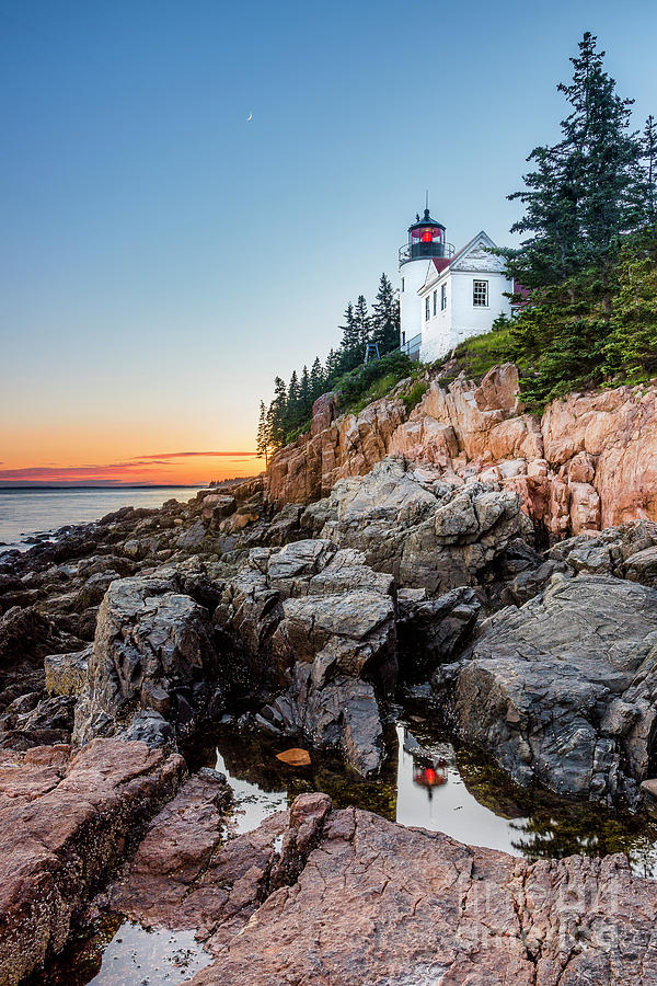 Bass Harbor Lighthouse - Crescent Moon / Sunset Photograph by Craig Shaknis