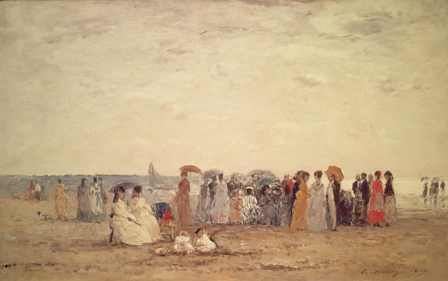 Bathers on beach at Trouville, 1869, Oil on canvas, 31 cm x 48 cm. Painting by Eugene Boudin -1824-1898-