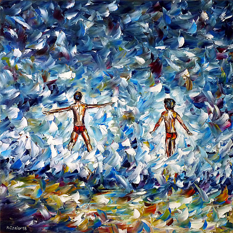 Bathing Children In The Sea Painting by Mirek Kuzniar