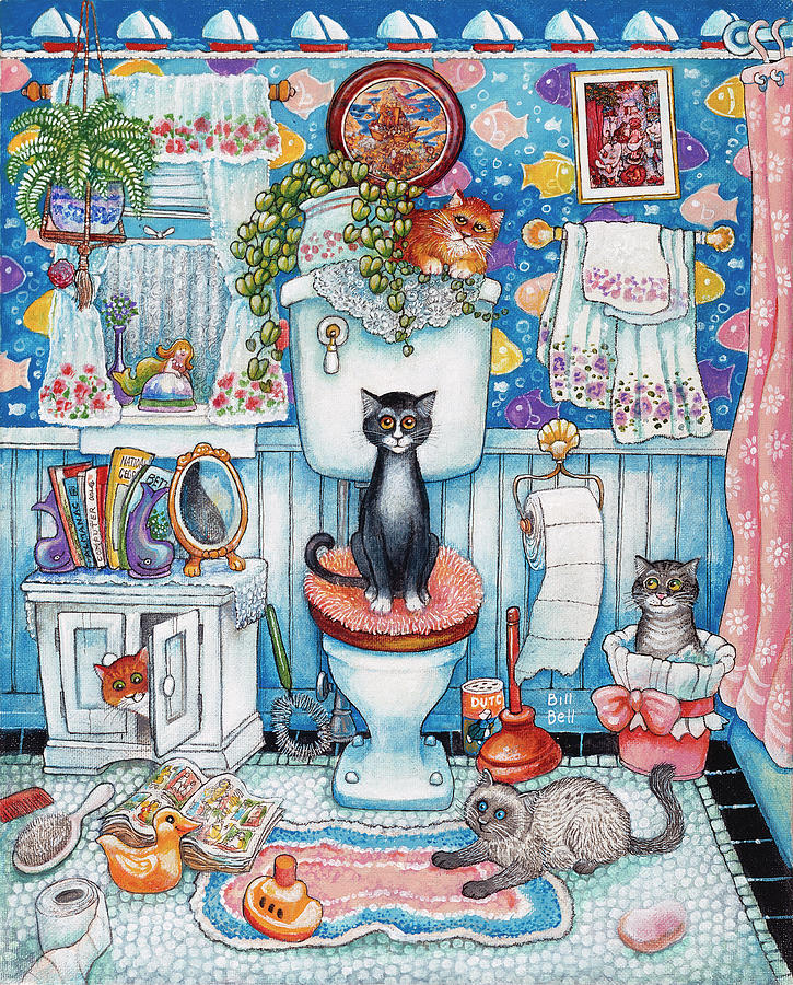 Animal Painting - Bathroom Cats by Bill Bell