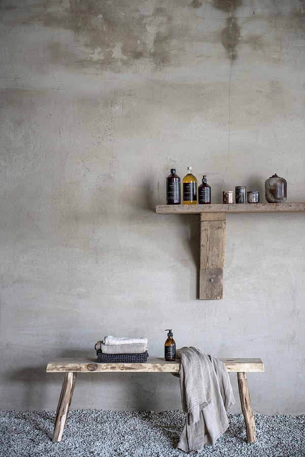 Bathroom Utensils On Wooden Shelf Above Wooden Bench Photograph by Magdalena Bjrnsdotter
