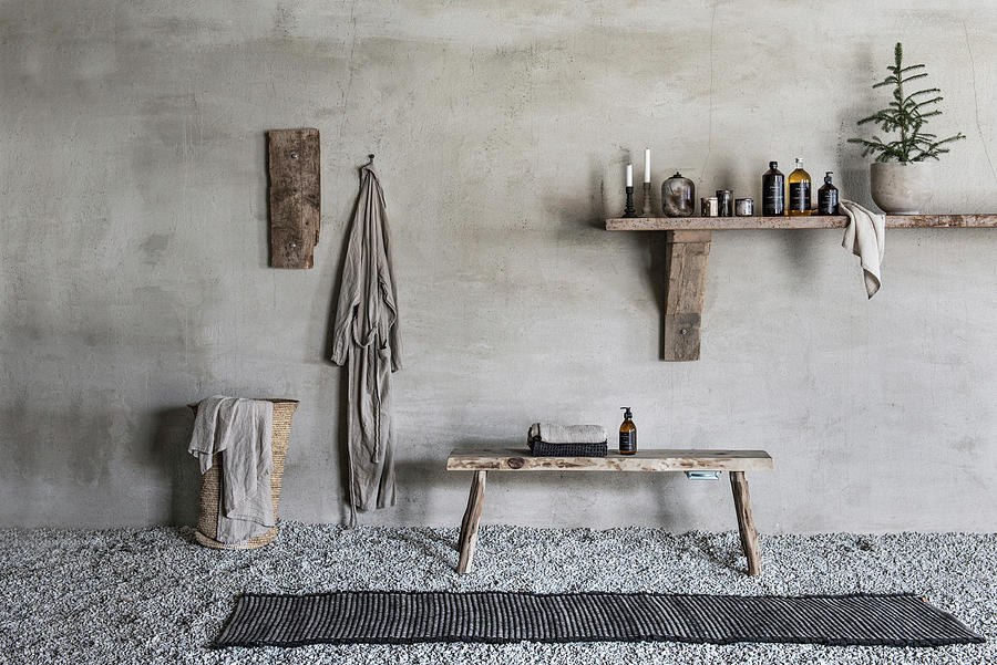 Bathroom Utensils On Wooden Shelf, Wooden Bench, Bathrobe And Laundry Basket Photograph by Magdalena Bjrnsdotter
