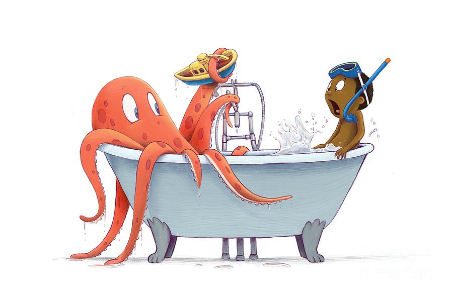 Octopus Digital Art - Bathtime by Michael Ciccotello