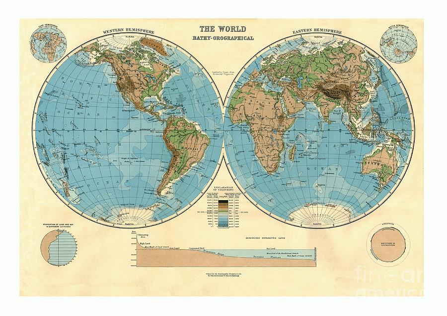 Bathy-orographical Map Of The World Drawing by Print Collector