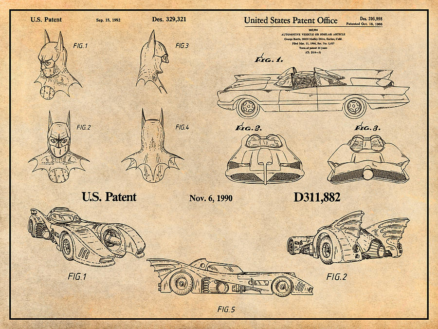 Batman Antique Paper Patent Print Set Drawing by Greg Edwards