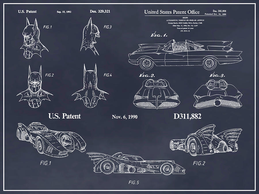 Batman Blackboard Patent Print Set Drawing by Greg Edwards