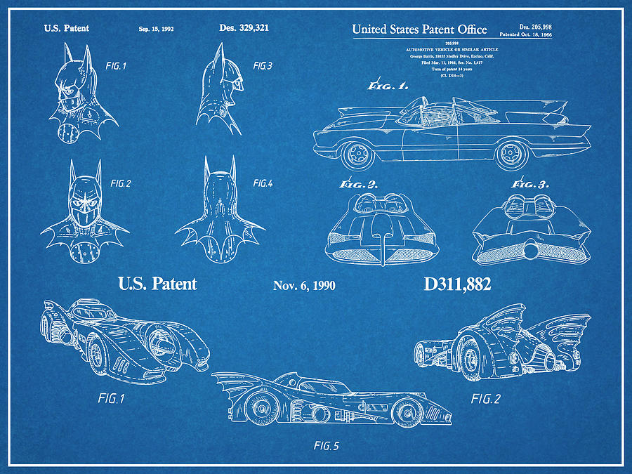 Batman Blueprint Patent Print Set Drawing by Greg Edwards