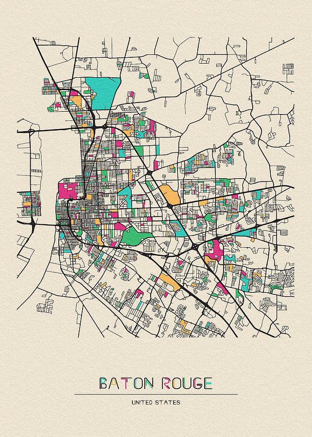 Baton Rouge, Louisiana City Map Drawing by Inspirowl Design