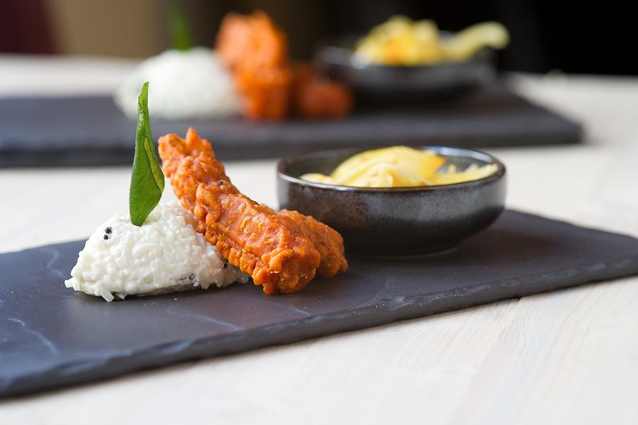 Battered Prawns With Coconut Rice And Mango Salad Photograph by Kapoor, Nitin