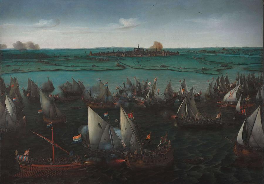 Battle between Dutch and Spanish Ships on the Haarlemmermeer. Gevecht tussen Hollandse en Spaanse... Painting by Hendrik Cornelisz Vroom