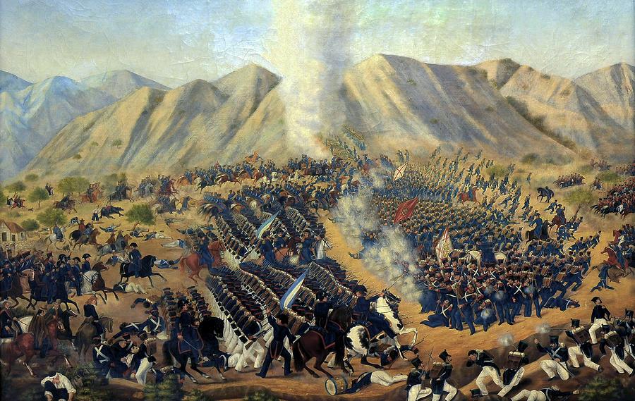 BATTLE OF CHACABUCO ON FEBRUARY 12, 1817, 1867, OIL ON CANVAS. 105.6x153cm. VANDORSE JOSE TOMAS. Painting by Jose Tomas Vandorse -b 1830-