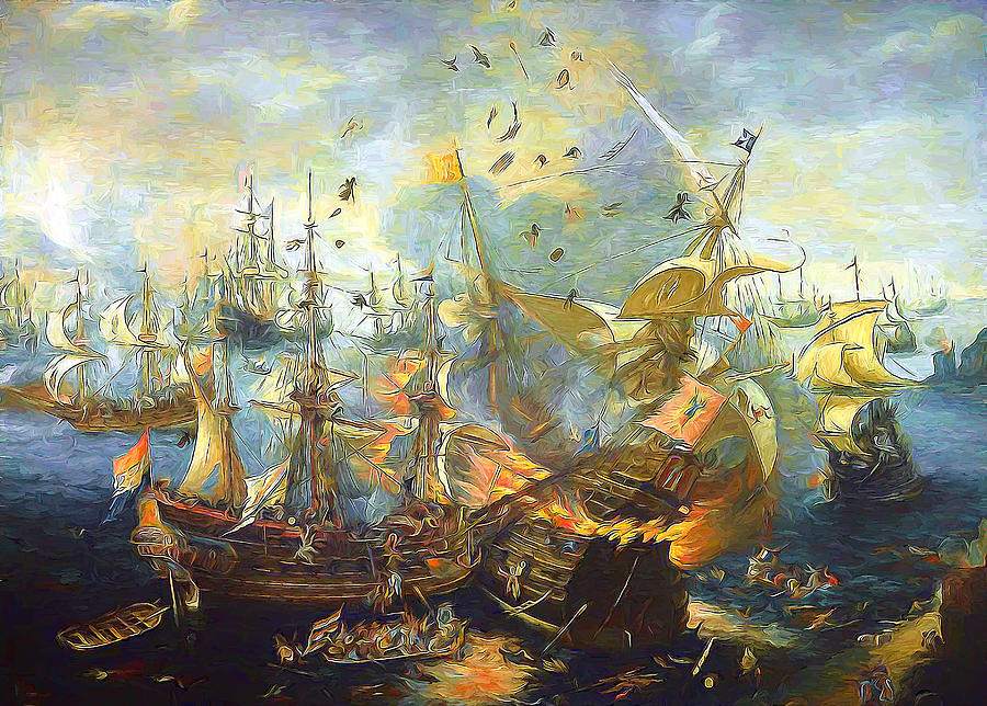 Battle of Gibraltar 1607 reproduction remastering Painting by Cornelis Claesz van Wieringen